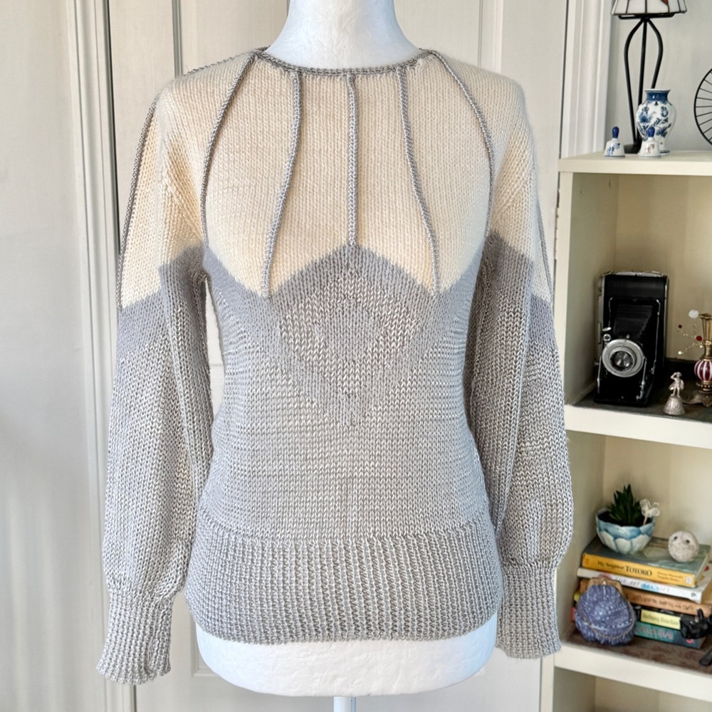 Vintage One Step Up Chic Angora/Wool Gray and Cream Sweater (size S/M)